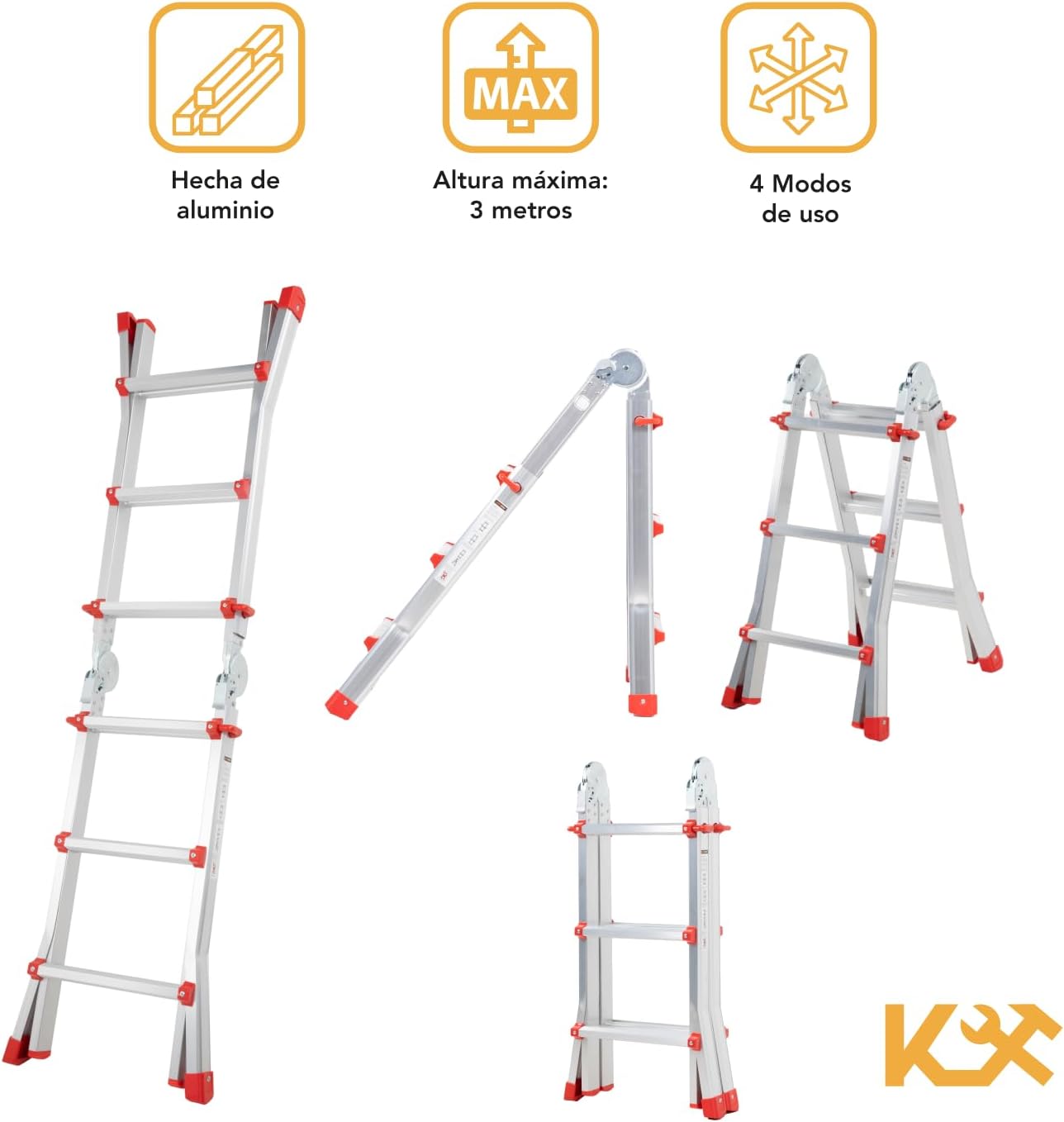 Kingsman | Escalera Multiposiciones 12 Peldaños con Charolas – Soporta hasta 150 kg – Escalera de Aluminio 3.5 MTS – Plegable – Escalera Multipropósito – Tipo Tijera – Andamio – Escalera Recta