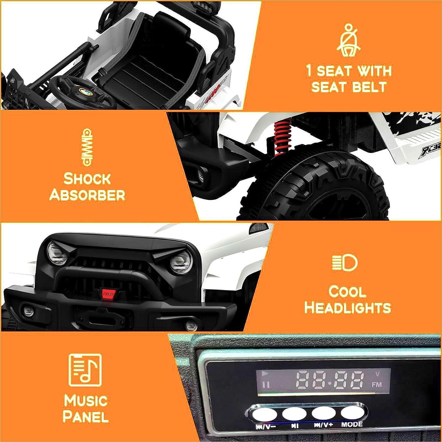 Hetoy Ride on Truck Car 12V Kids Electric Vehicles with Remote Control Spring Suspension, LED Lights, Bluetooth, 2 Speeds