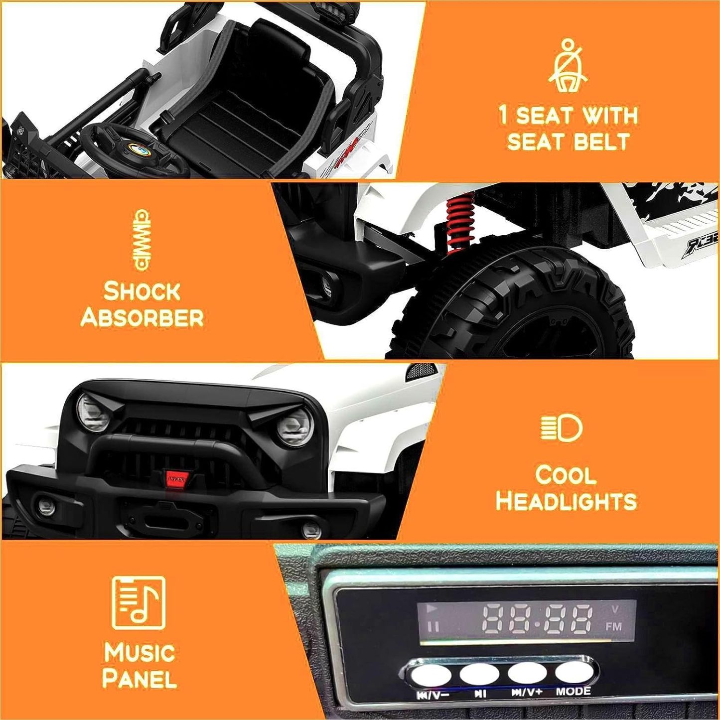 Hetoy Ride on Truck Car 12V Kids Electric Vehicles with Remote Control Spring Suspension, LED Lights, Bluetooth, 2 Speeds