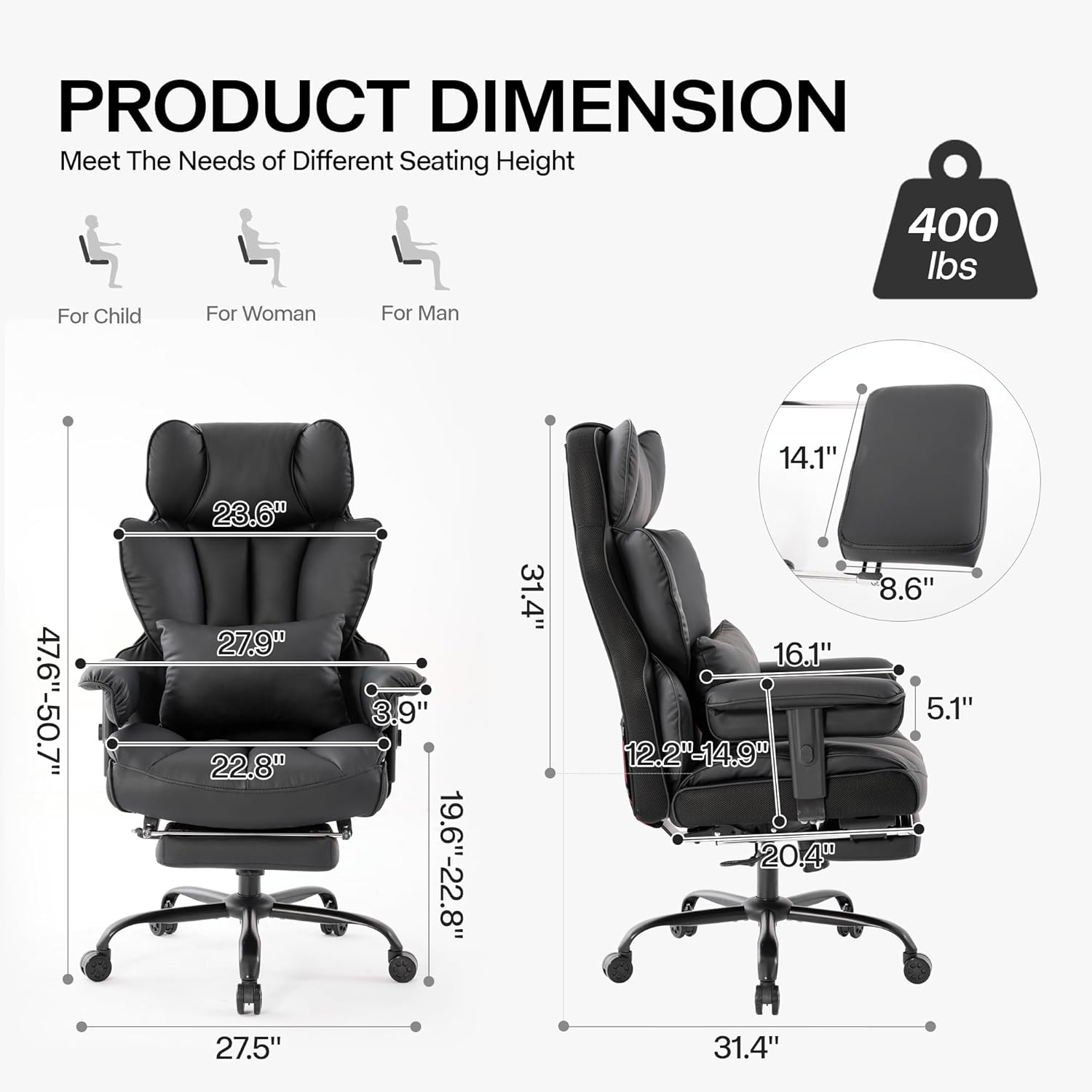 Gzagdecr - Silla de oficina grande y alta de 400 libras, silla de juego de piel sintético con respaldo alto, silla reclinable, silla de oficina ergonómica ejecutiva, soporte lumbar, silla de