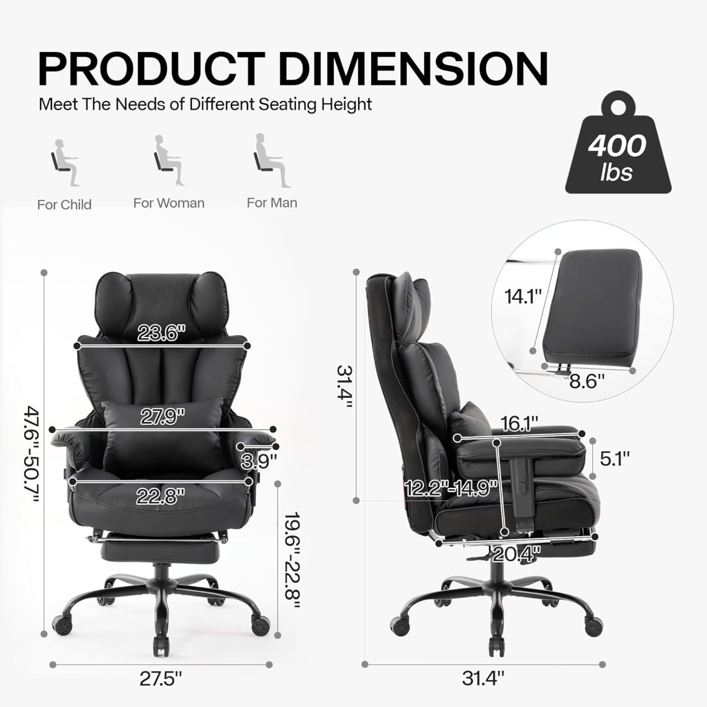 Gzagdecr - Silla de oficina grande y alta de 400 libras, silla de juego de piel sintético con respaldo alto, silla reclinable, silla de oficina ergonómica ejecutiva, soporte lumbar, silla de