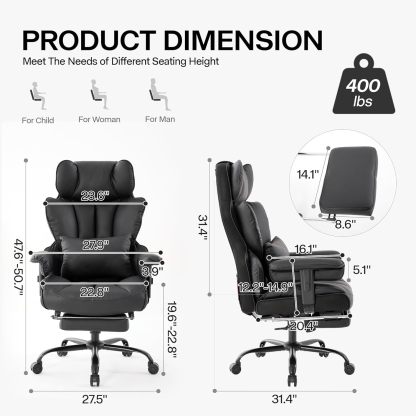 Gzagdecr - Silla de oficina grande y alta de 400 libras, silla de juego de piel sintético con respaldo alto, silla reclinable, silla de oficina ergonómica ejecutiva, soporte lumbar, silla de