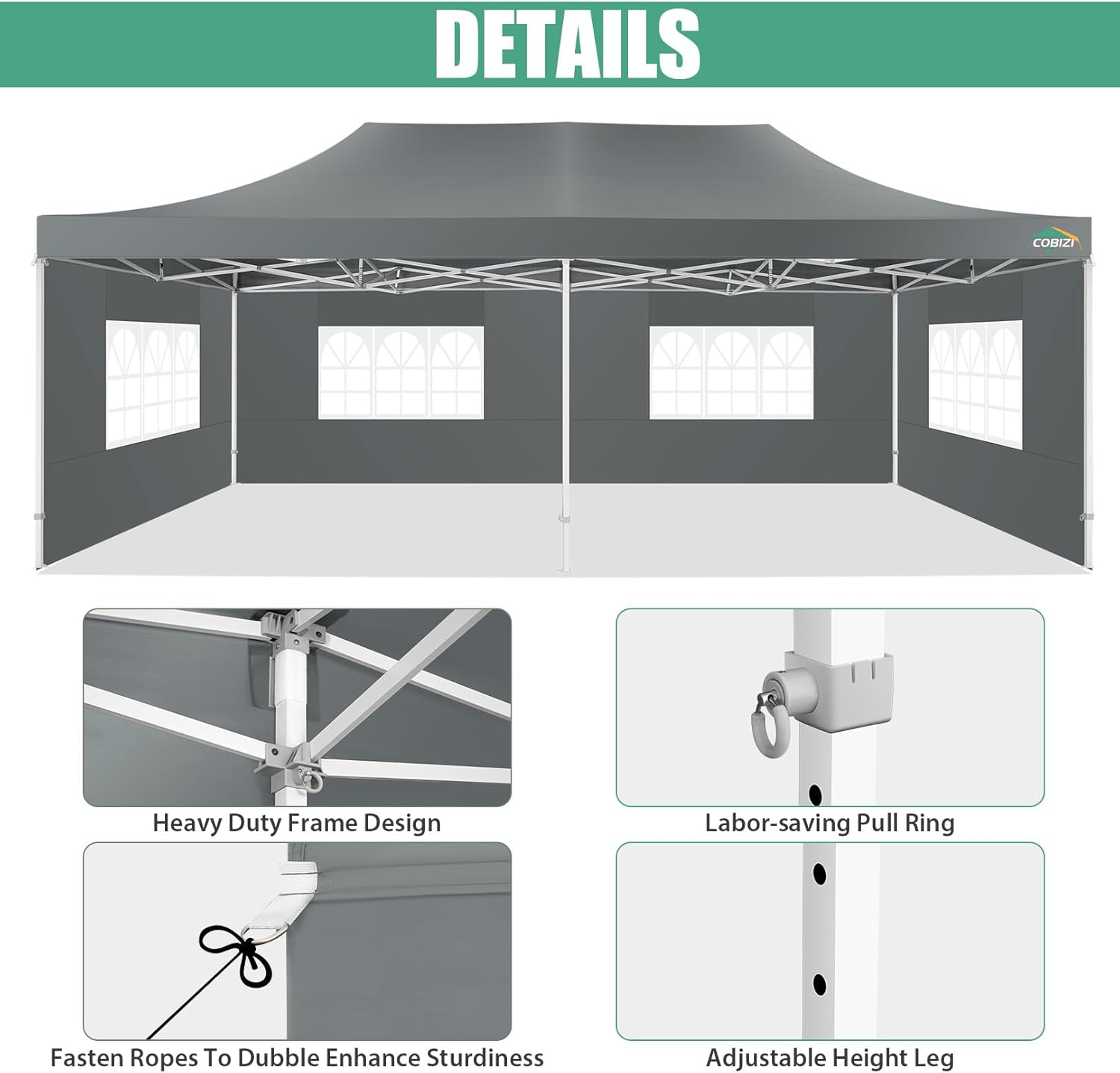 COBIZI - Toldo desplegable de 10 x 20 Pulgadas con 6 Paredes Laterales, toldo Impermeable para Eventos al Aire última intervensión, UPF 50+ cenador portátil para Fiestas, Playa, Camping, Boda,