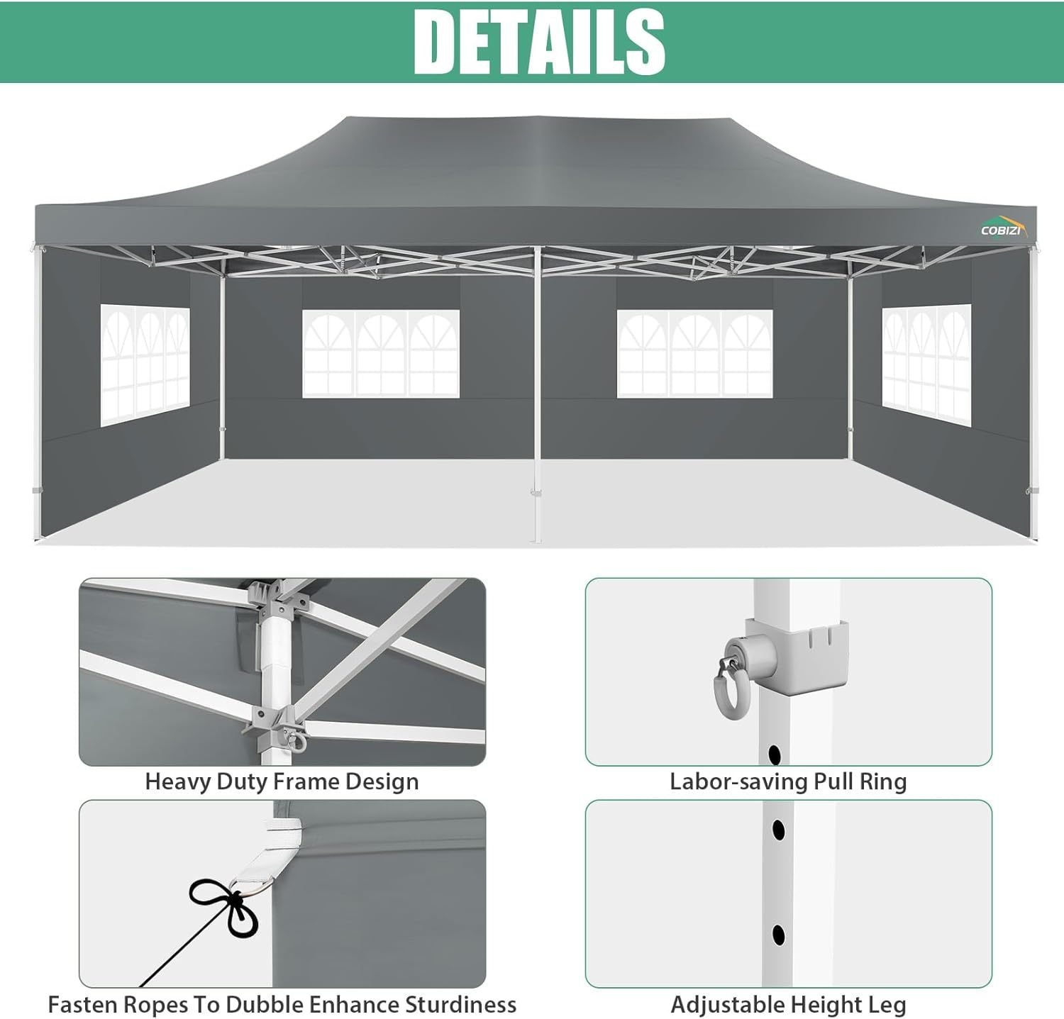 COBIZI - Toldo desplegable de 10 x 20 Pulgadas con 6 Paredes Laterales, toldo Impermeable para Eventos al Aire última intervensión, UPF 50+ cenador portátil para Fiestas, Playa, Camping, Boda,