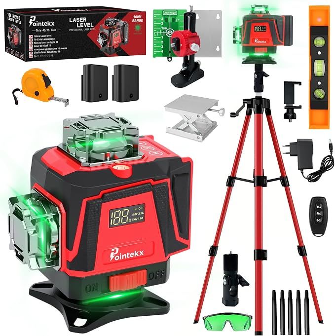 📐🎁Nivel Láser Alloyman 4D 16 Líneas Verdes, Autonivelante 4x360°, Incluye Trípode y 2 Baterías de Litio, para Azulejos, Colgar Cuadros y Reformas de Interiores, Excelente Regalo para Navidad y Año Nuevo