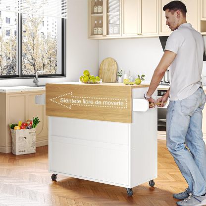 Isla de Cocina Móvil Multifuncional con Ruedas - Abatible,Organizador Integrado Gabinetes,Cajones,Especiero,Toallero Mesa Auxiliar,Almacenamiento Compacto Color de Relieve Blanco