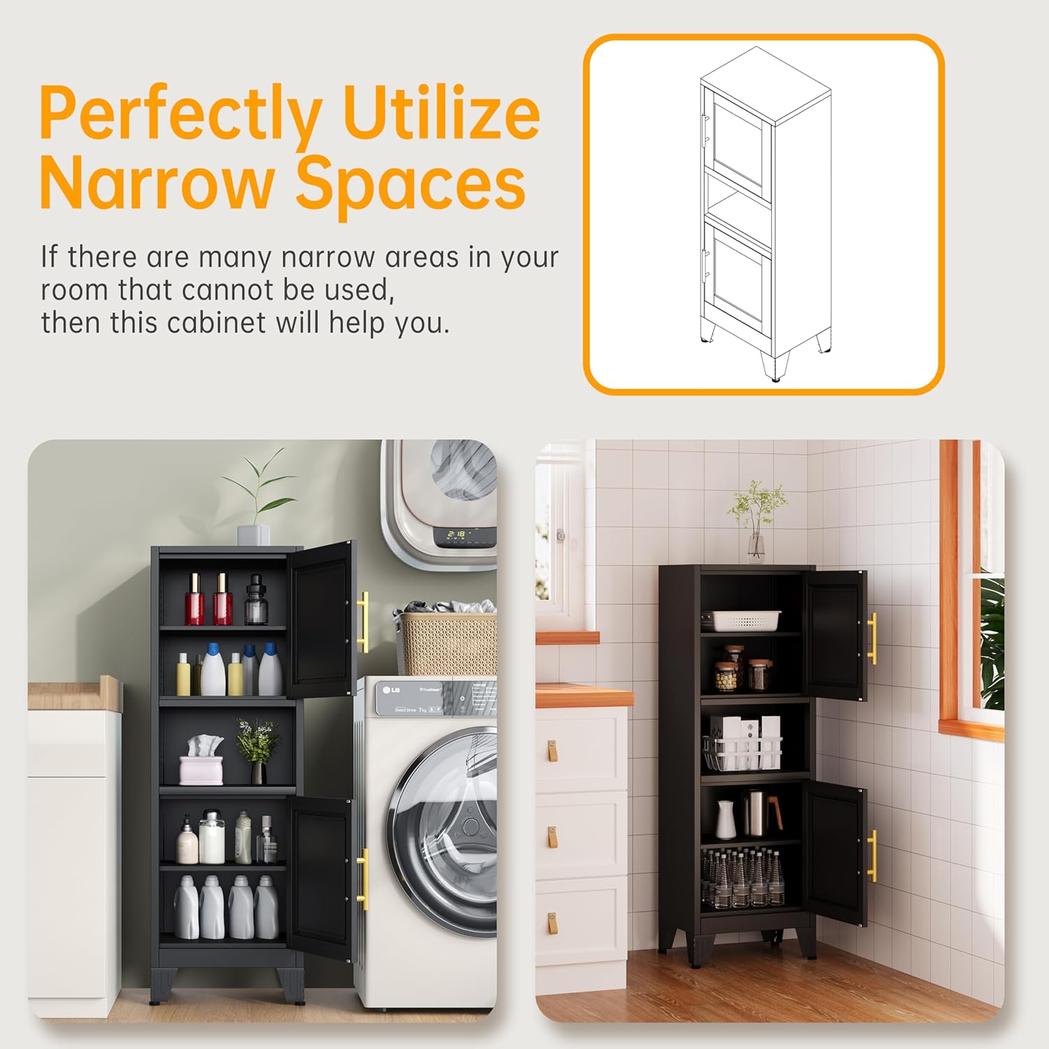 Ckzbx Gabinete de cocina de metal de 61 pulgadas de alto con 4 puertas, armarios de baño, 2 estantes ajustables para cocina, oficina en casa, sala de estar, comedor (negro)