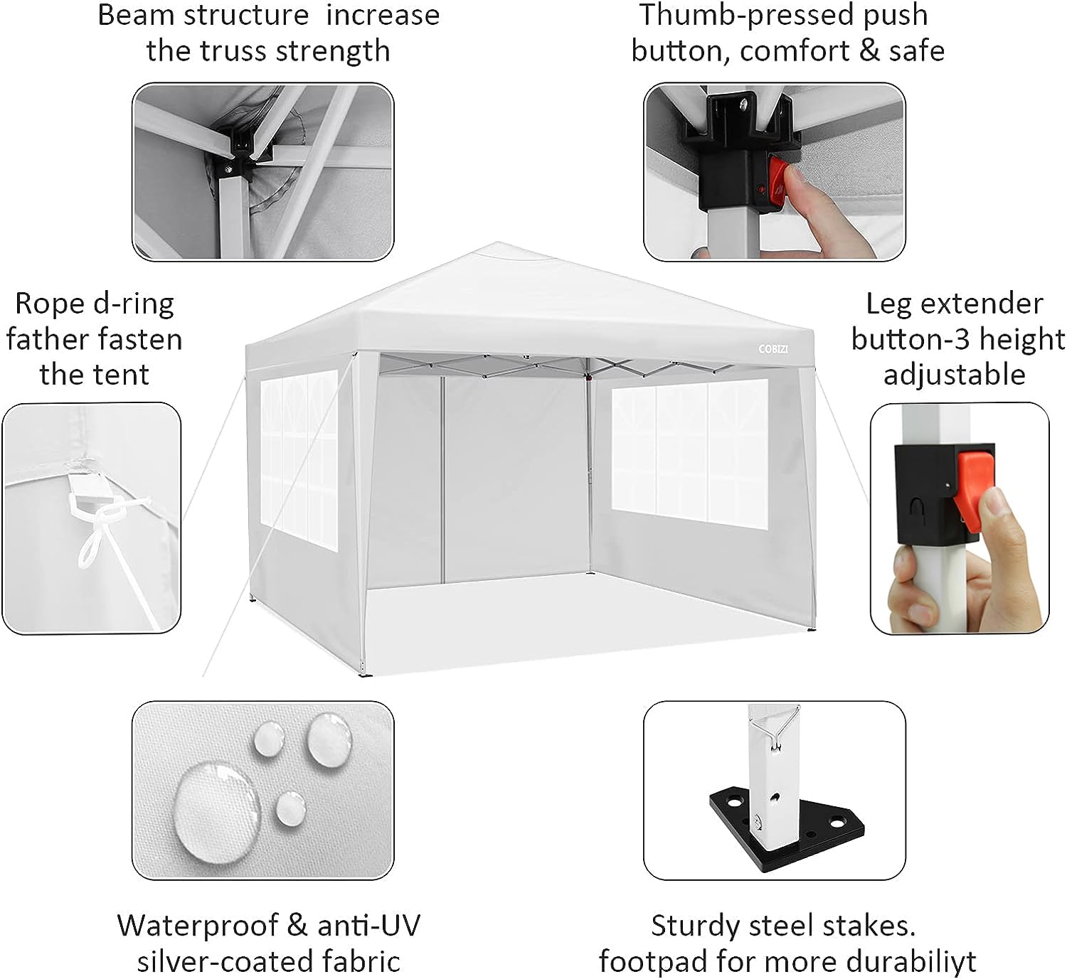 COBIZI - Toldo desplegable de 10 x 20 Pulgadas con 6 Paredes Laterales, toldo Impermeable para Eventos al Aire última intervensión, UPF 50+ cenador portátil para Fiestas, Playa, Camping, Boda,