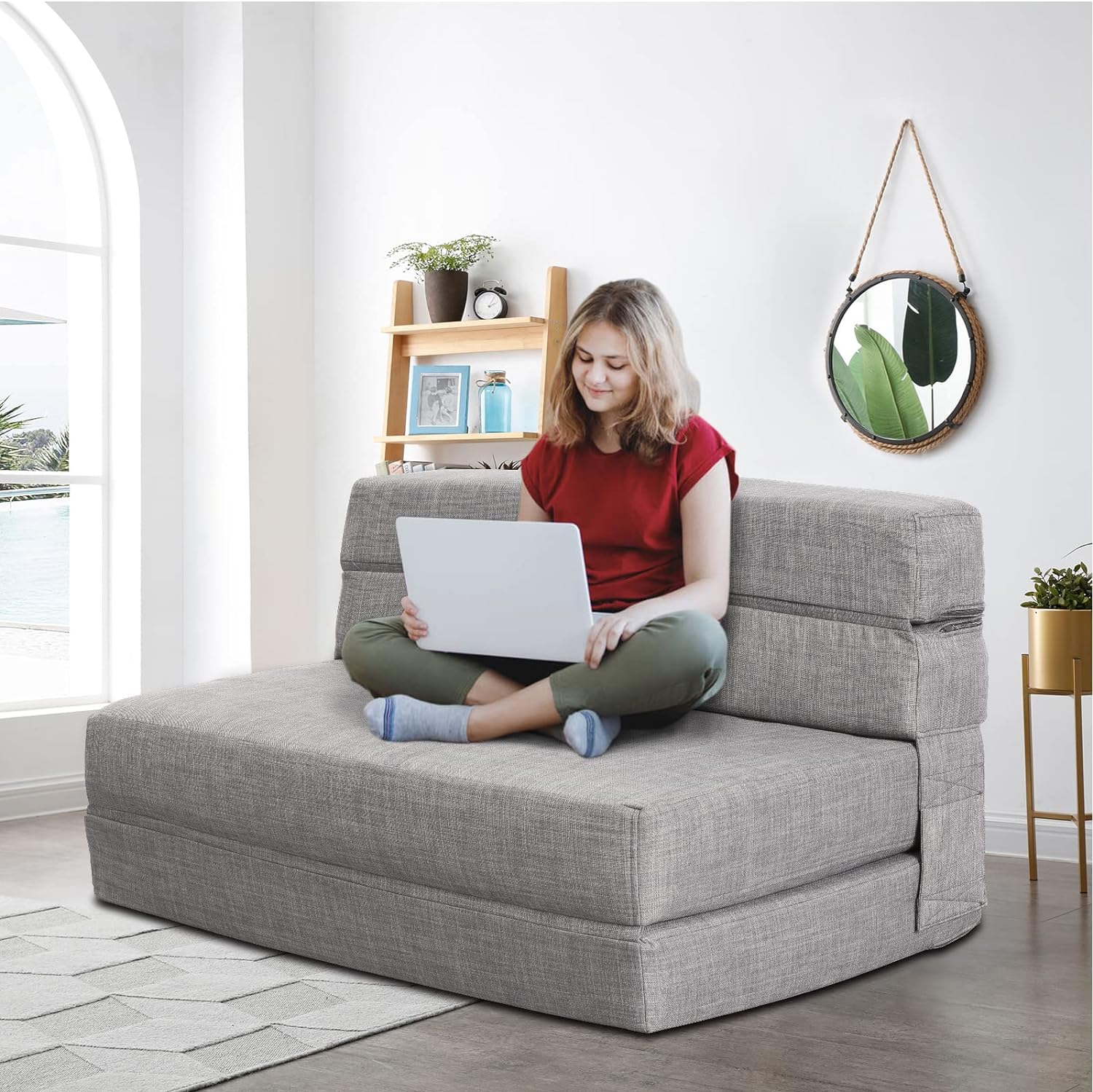 Silla reclinable Anoner, sofá cama plegable de 152 cm, diván con 2 cojines, funda lavable de espuma viscoelástica tamaño queen, color gris claro