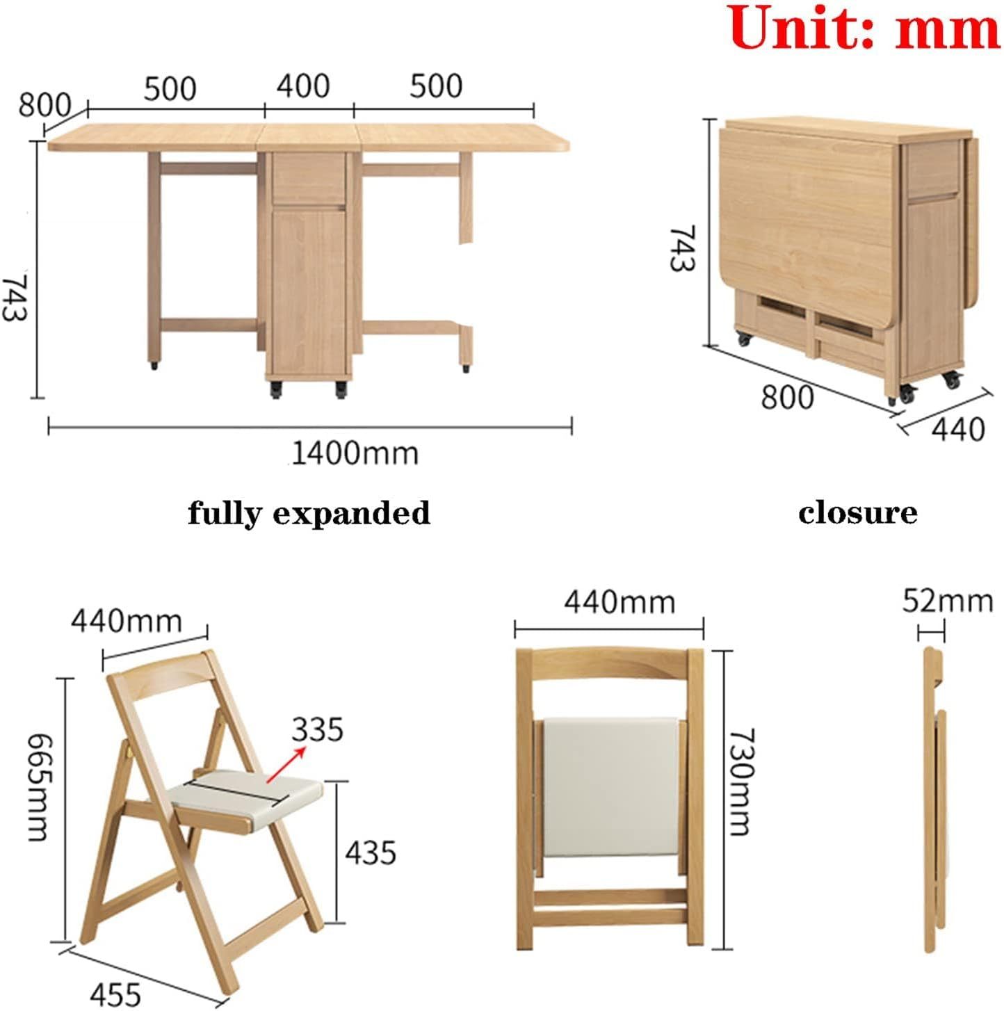 Juego de mesa plegable de comedor plegable, mesa de comedor extensible de madera con 4 sillas