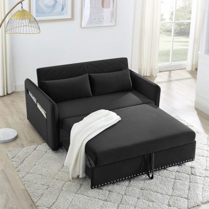 Miscoos - Sofá Cama de Terciopelo con Puerto USB 3 en 1 Ajustable, tirón, 2 Almohadas Lumbar, Bolsillo Lateral, Adecuado para Sala de Estar, recámara, Color Negro