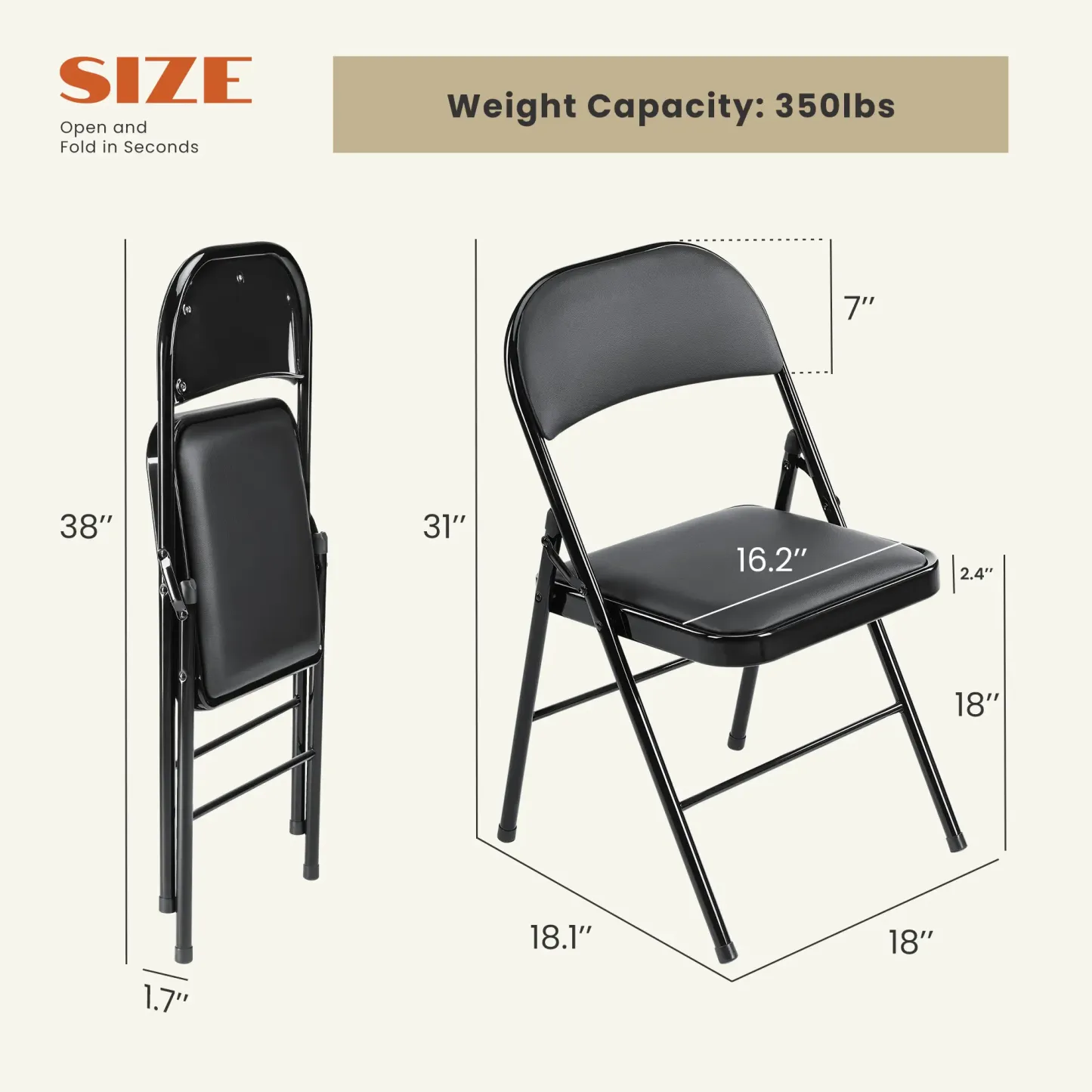 【Paquete económico】 Silla plegable con asiento acolchado en piel, estructura metálica robusta, asiento versátil para uso en interiores y exteriores.