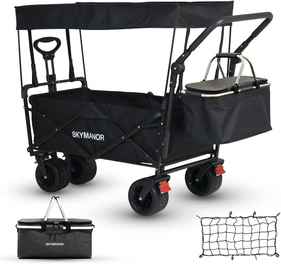 SKYMANOR Carro de jardín plegable 3 en 1 con toldo para niños y carga, carriola plegable EZ ruedas todo terreno, 300 libras, 2 portavasos para cinturón de seguridad, color negro, SKYDPBB