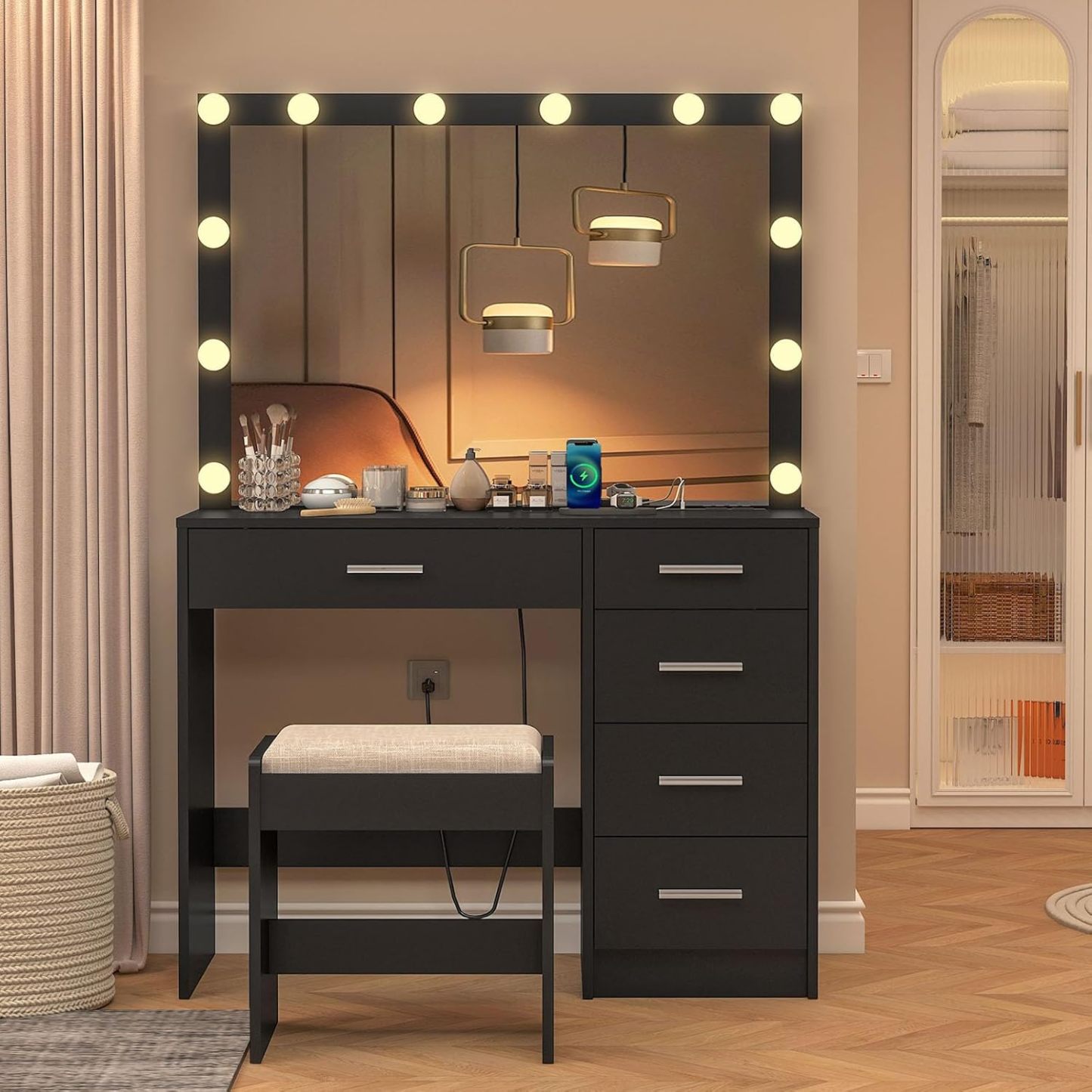 usikey - cambiador de maquillaje con 12 luces, computadora de cambiador con toma de corriente, mesa de maquillaje con 5 cajones, espejo grande, cambiador con taburete para recámara, baño, negro