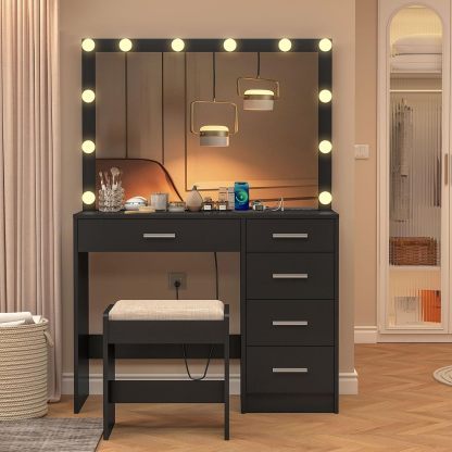 usikey - cambiador de maquillaje con 12 luces, computadora de cambiador con toma de corriente, mesa de maquillaje con 5 cajones, espejo grande, cambiador con taburete para recámara, baño, negro