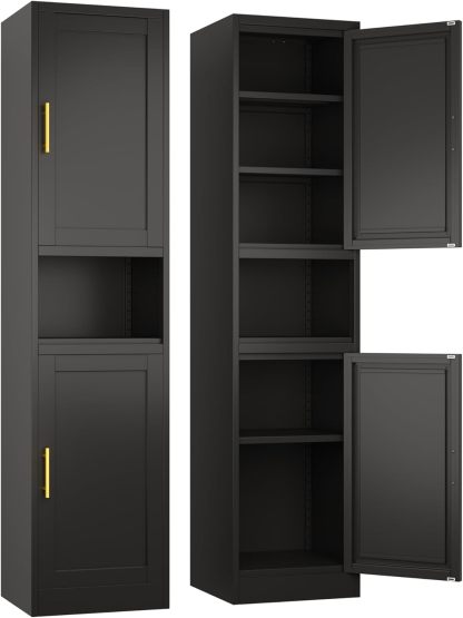 Ckzbx Gabinete de cocina de metal de 61 pulgadas de alto con 4 puertas, armarios de baño, 2 estantes ajustables para cocina, oficina en casa, sala de estar, comedor (negro)