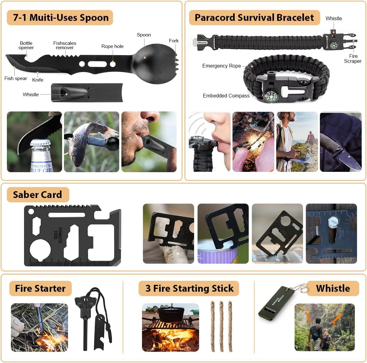 Kit de supervivencia, 250 piezas de equipo de supervivencia con bolsa compatible con sistema Molle y tienda de emergencia, kit de emergencia para terremoto, aventura al aire última intervensión, senderismo, caza, regalos para hombres y mujeres
