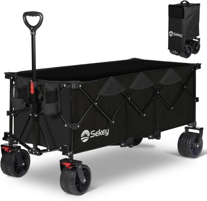 Sekey Carro plegable plegable de 48 pulgadas de largo con capacidad de peso de 420 libras, carro de jardín plegable de 300 litros de servicio pesado con ruedas de playa grandes todo terreno y soportes