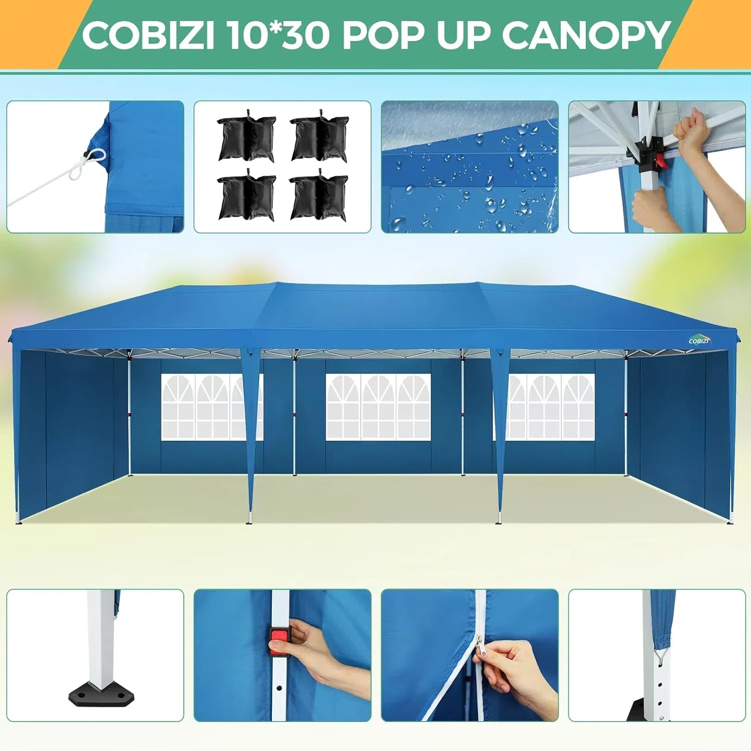 COBIZI - Toldo desplegable de 10 x 20 Pulgadas con 6 Paredes Laterales, toldo Impermeable para Eventos al Aire última intervensión, UPF 50+ cenador portátil para Fiestas, Playa, Camping, Boda,