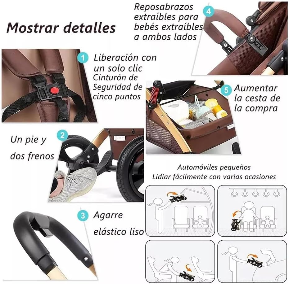 FINYQBET Carrito De Bebé Plegable Universal Para Cuatro Estaciones Sillas De Paseo para Bebés De Alta Vista para Bebés Recién Nacidos, Implementación Bidireccional Multifuncional Y Segura Caqui