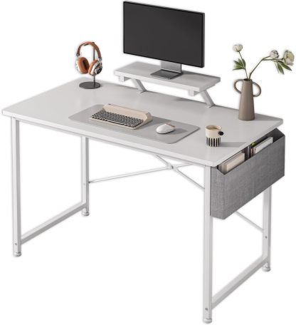 Escritorio Pequeño para Computadora Moderno, Tocador Furniture con Bolsa de Almacenamiento, Viene con Soporte de Escritorio 110 X 50 X 75 CM (Blanco)