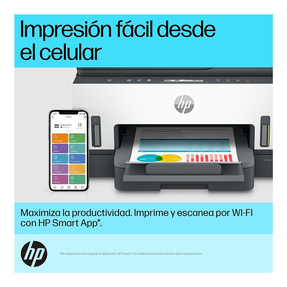 Impresora Multifuncional HP Smart Tank 750 de Tinta Continua Impresión a Color Wi-Fi Smart App Dúplex ADF