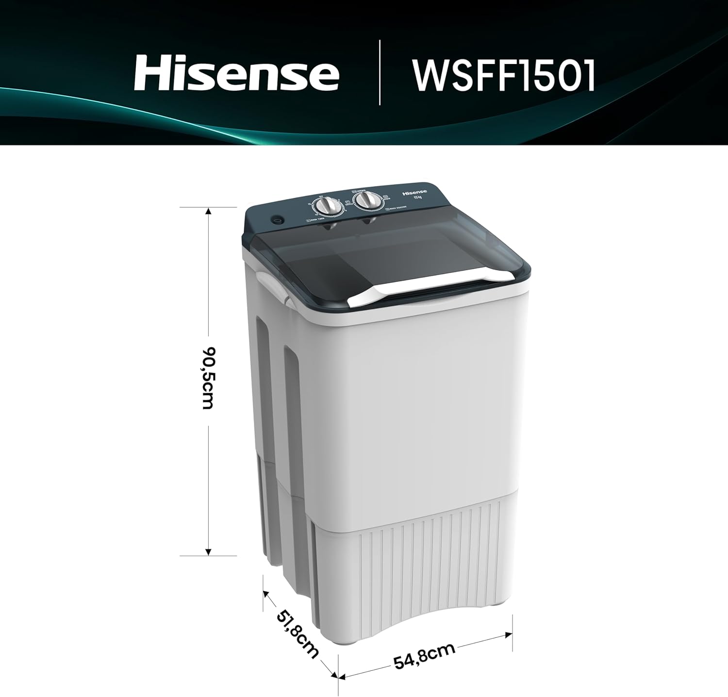 Hisense Lavadora WSFF1501, Semiautomática, 15 Kg, Temporizador de Lavado y Centrifugado, 55x52x91cm(AnchoxLargoxAlto), Blanco/Gris