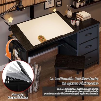 Mesa de Dibujo,Restirador Arquitectura Multifuncional Inclinación Ajustable,Restirador con 3 Cajones (Tela) y Viene con Taburete,Restiradors para Dibujo Adecuado para Pintar