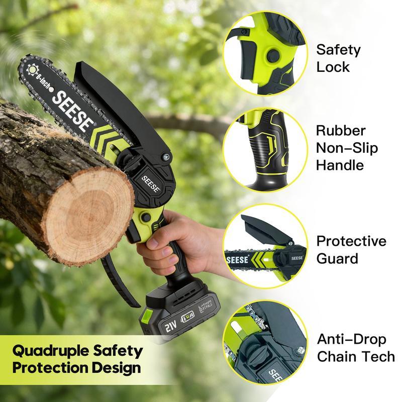 SEESE Mini motosierra inalámbrica 6”, motor sin escobillas, con 2 baterías de 2000 mAh – Ideal para poda, jardinería y corte de madera