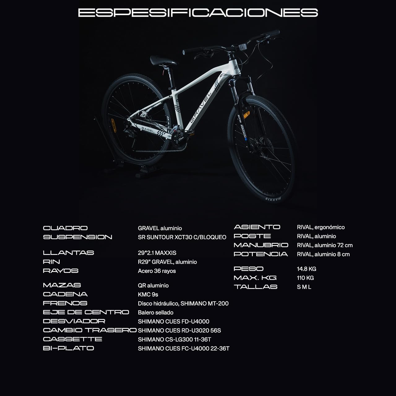 GRAVEL Bicicleta de Montaña Barel | Bicicleta R29 - Cuadro Aluminio 15 kg | Transmisión Cues 18V | Frenos Hidráulicos y Llantas Kenda