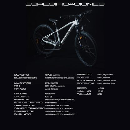 GRAVEL Bicicleta de Montaña Barel | Bicicleta R29 - Cuadro Aluminio 15 kg | Transmisión Cues 18V | Frenos Hidráulicos y Llantas Kenda