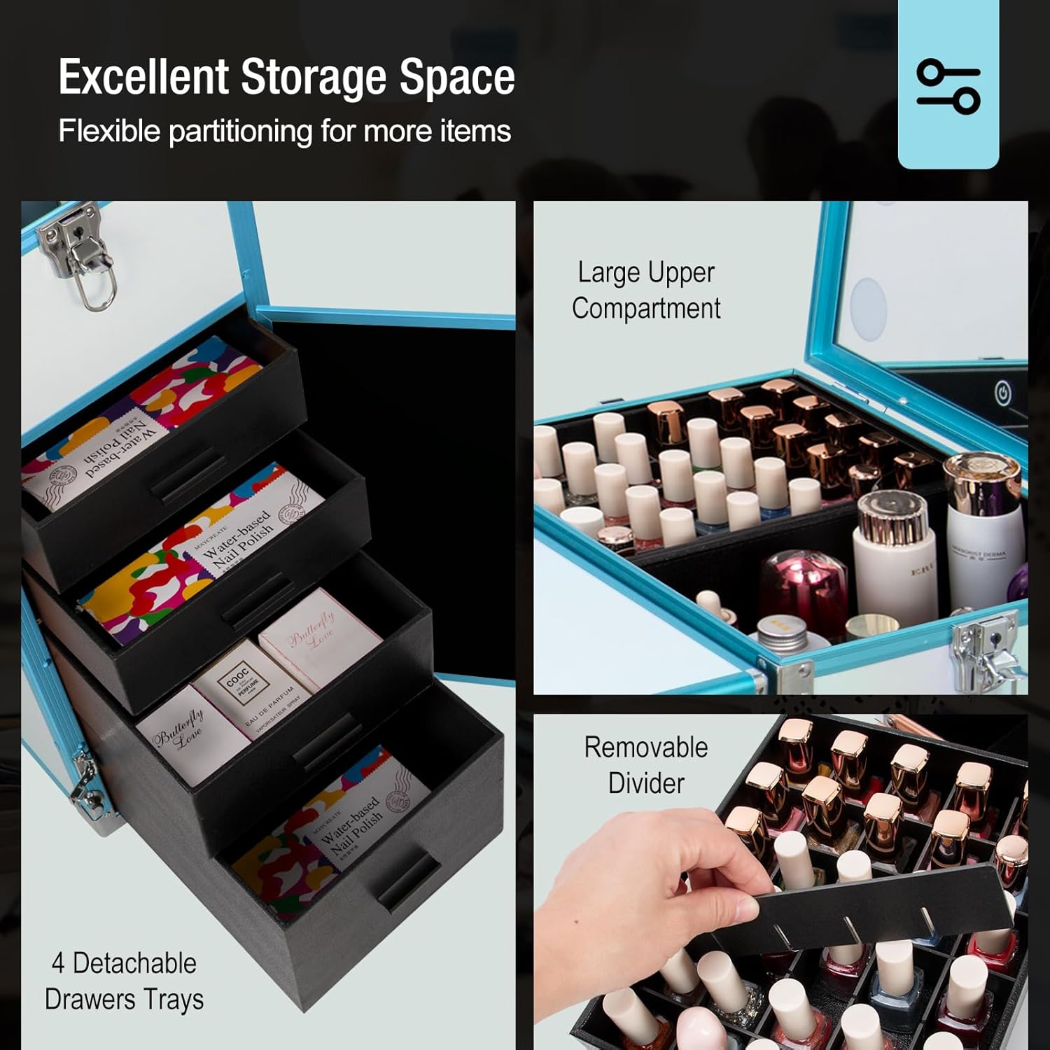 Icoget - Mesa portátil de uñas para enseñanza de uñas, mesa de manicura enrollable mejorada, estación de maquillaje con altavoz Bluetooth y luz LED, carrito organizador de computadora plegable de