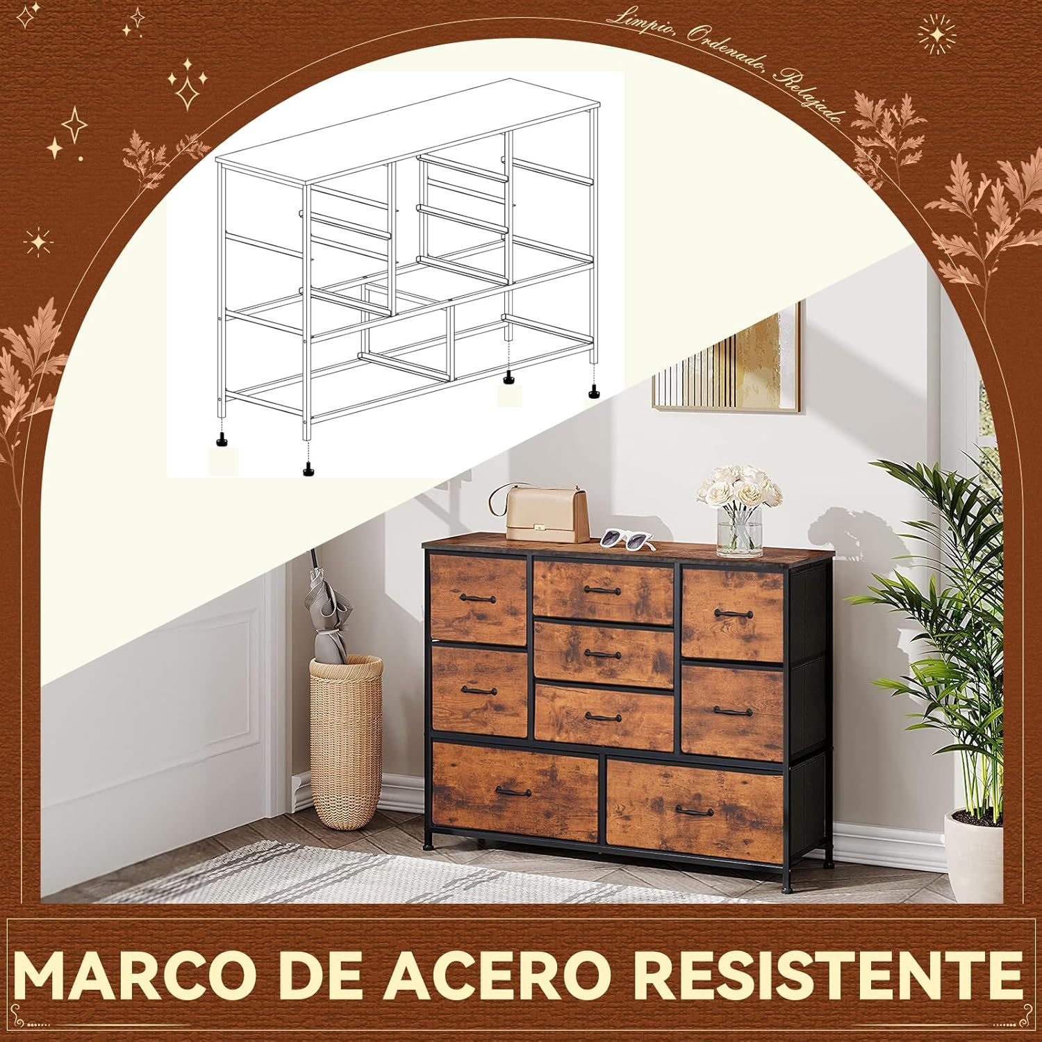 FURRIFIC Cómoda Gran Capacidad de 9 Cajones,115 * 75 * 35cm,Cajonera para Recamara,Ropa,Hogar Y Oficina,Organizador Cajonera de Estructura Metal con Cajones de Tela en 3 Tamaños