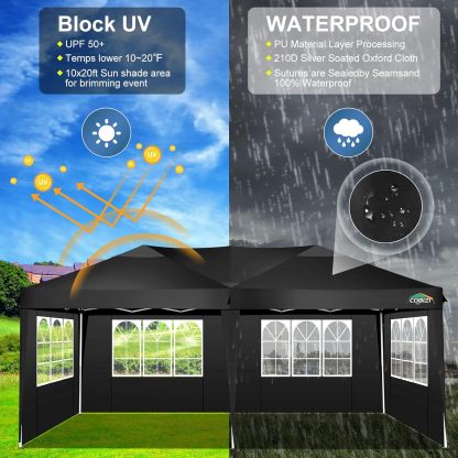 COBIZI - Toldo desplegable de 10 x 20 Pulgadas con 6 Paredes Laterales, toldo Impermeable para Eventos al Aire última intervensión, UPF 50+ cenador portátil para Fiestas, Playa, Camping, Boda,