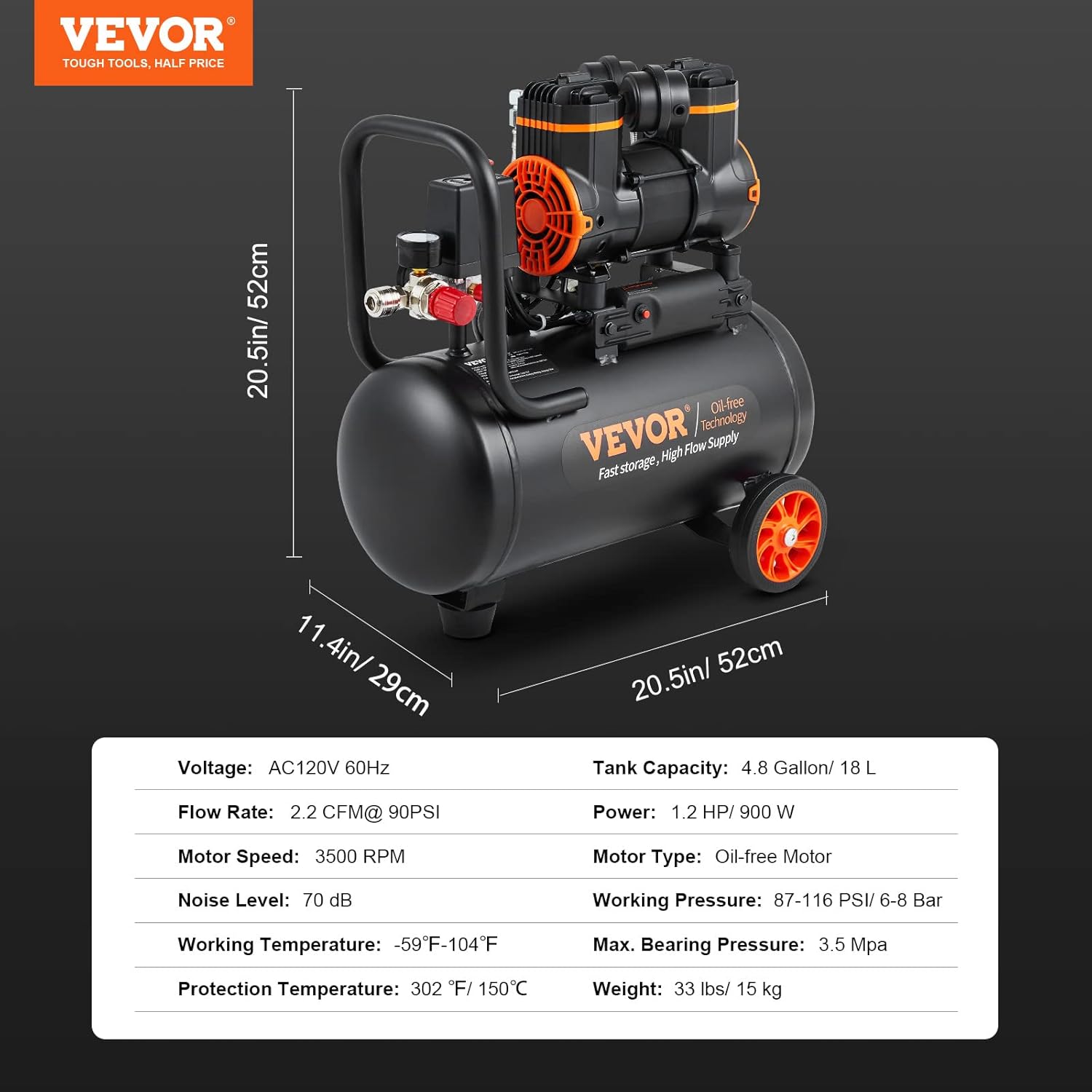 Compresor de aire VEVOR de 4.8 galones, 1.2 HP 2.2 CFM @90PSI tanque de compresor de aire última intervensión de aceite y máx. Compresor ultra silencioso de 70 dB de presión de 116 PSI para reparación-trapo
