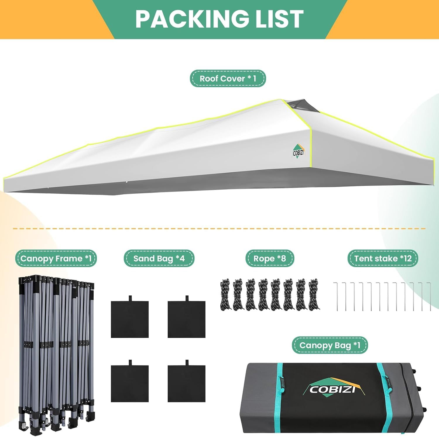 COBIZI - Tienda de campaña desplegable de 10 x 20 Pulgadas, Tienda de campaña instantánea Comercial para Bodas, Fiestas con 3 Altura Ajustable, toldo Ez Up para Exteriores, Impermeable, UPF50+ con