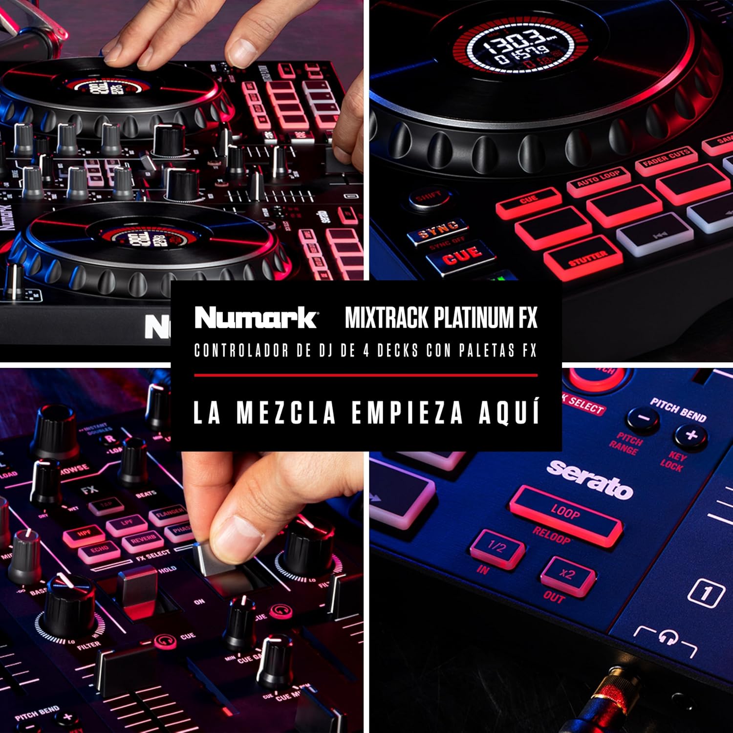 Numark Mixtrack Platinum FX Controlador DJ Para Serato DJ Con Control de 4 Secciones, Mezclador DJ, Interfaz de Audio Incorporada, Pantallas en Las Ruedas de Selección y Paletas de Efectos