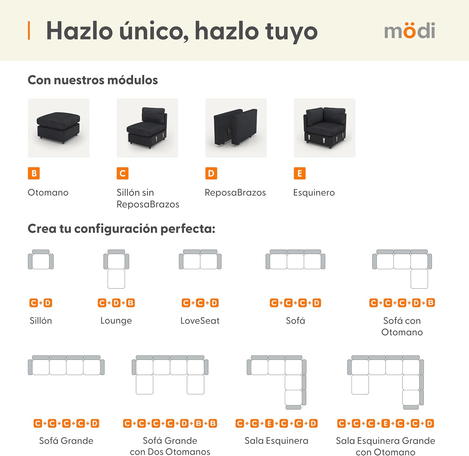 MODISOFA - Sofá Sala Esquinera Modular con Otomano | 6 Plazas | Beige | + Pillow Pack | Fácil de Ensamblar y Adaptable | Envío Gratis