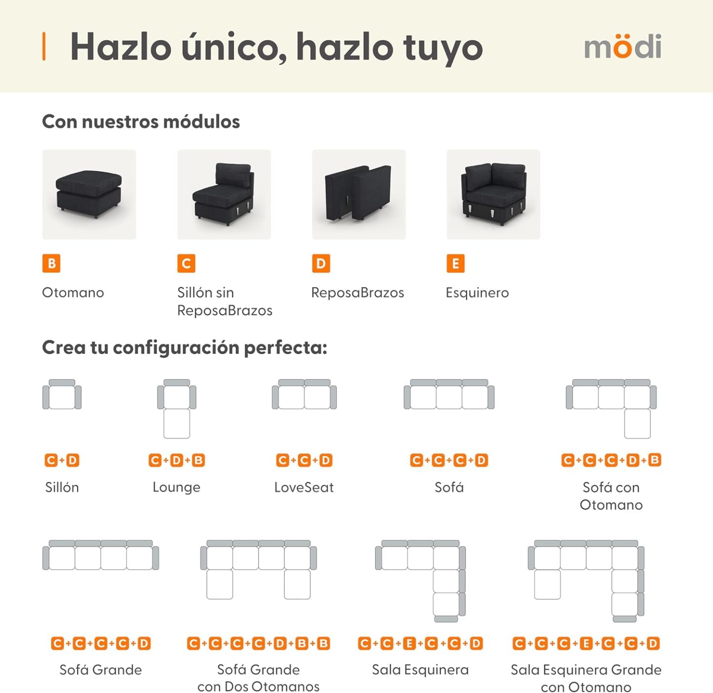 MODISOFA - Sofá Sala Esquinera Modular con Otomano | 6 Plazas | Beige | + Pillow Pack | Fácil de Ensamblar y Adaptable | Envío Gratis