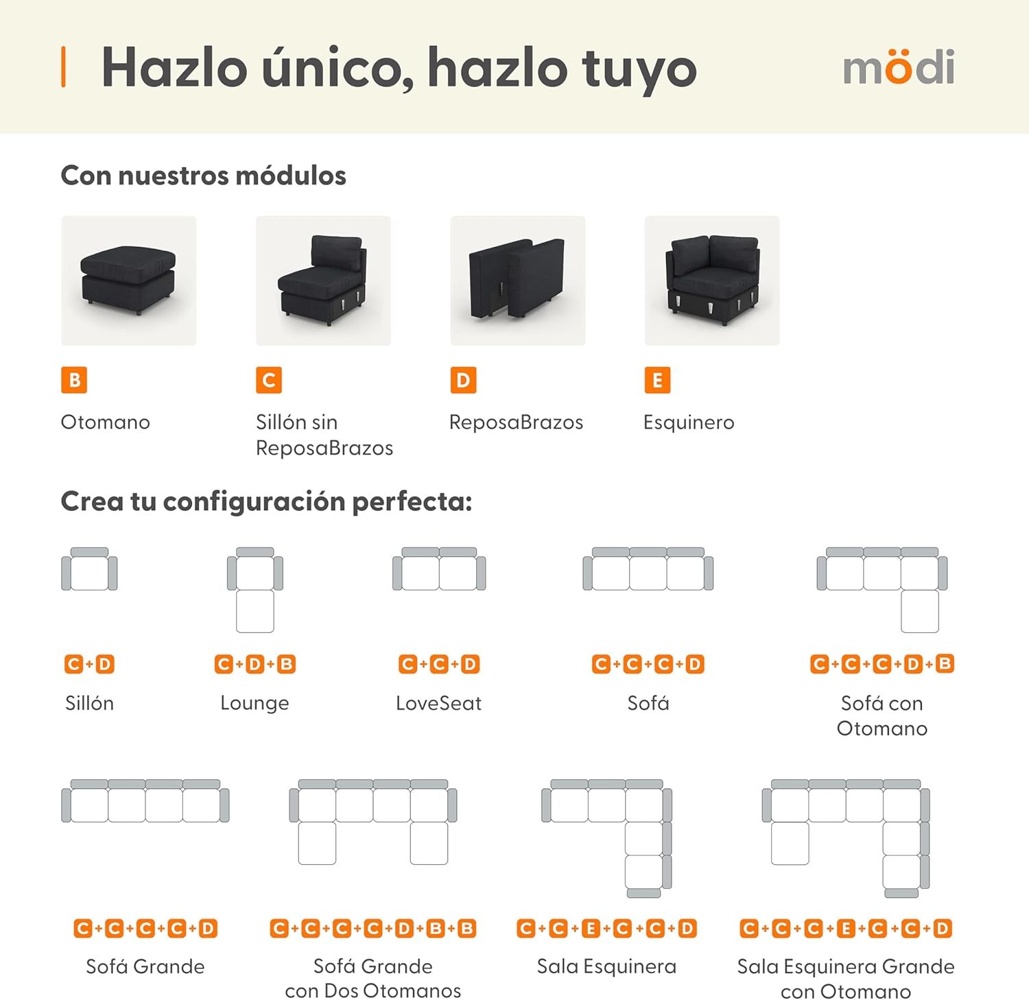 MODISOFA - Sofá Sala Esquinera Modular con Otomano | 6 Plazas | Beige | + Pillow Pack | Fácil de Ensamblar y Adaptable | Envío Gratis