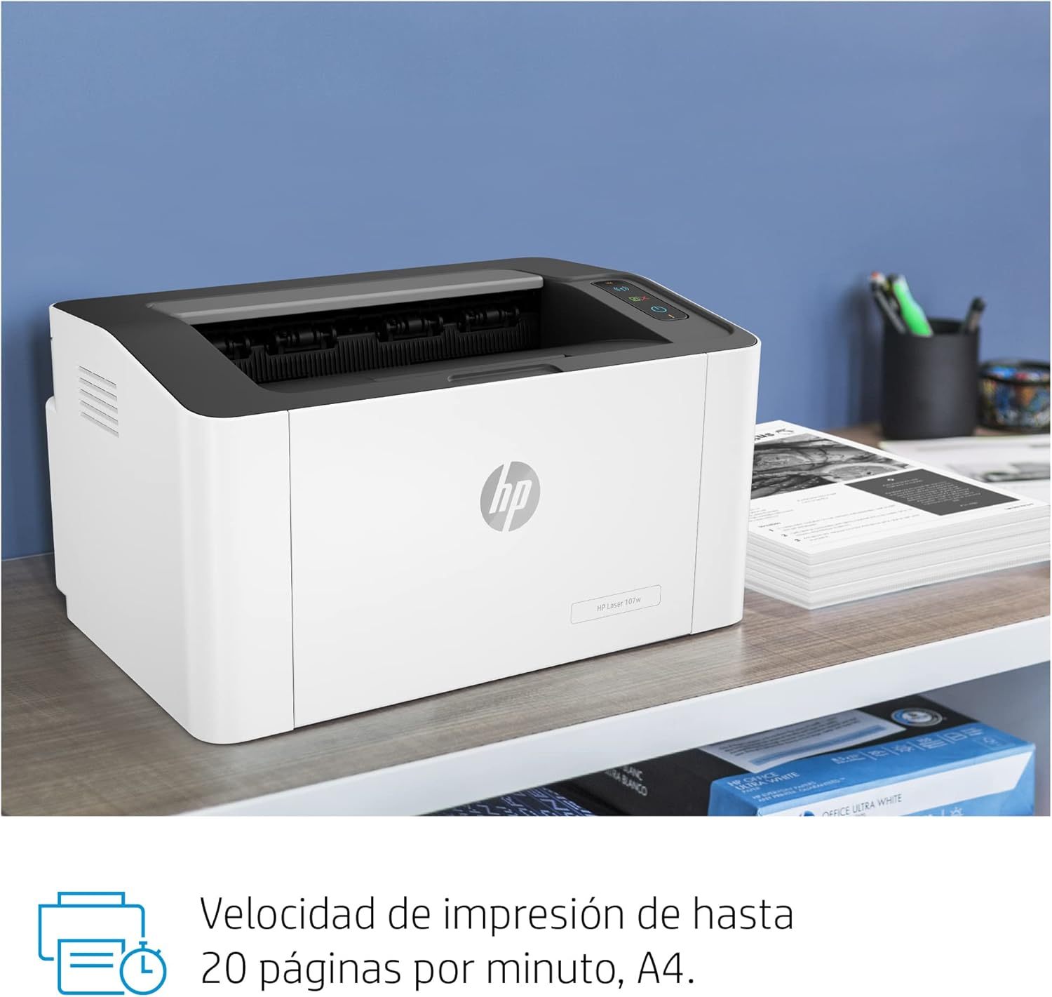 HP Impresora Laser 107w, Láser, Impresión en Negro, Wi-Fi, USB, Impresión y escanéo desde HP Smart App, Apple Air Print, Bandeja de 150 hojas, Pantalla LED (4ZB78A)
