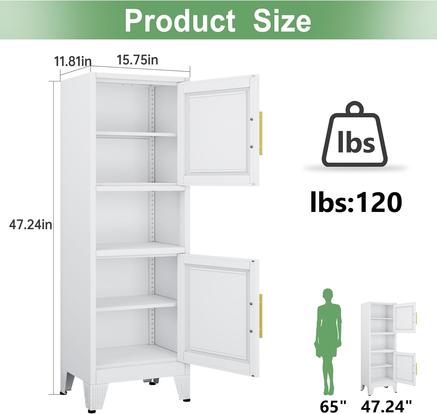 Ckzbx Gabinete de cocina de metal de 61 pulgadas de alto con 4 puertas, armarios de baño, 2 estantes ajustables para cocina, oficina en casa, sala de estar, comedor (negro)