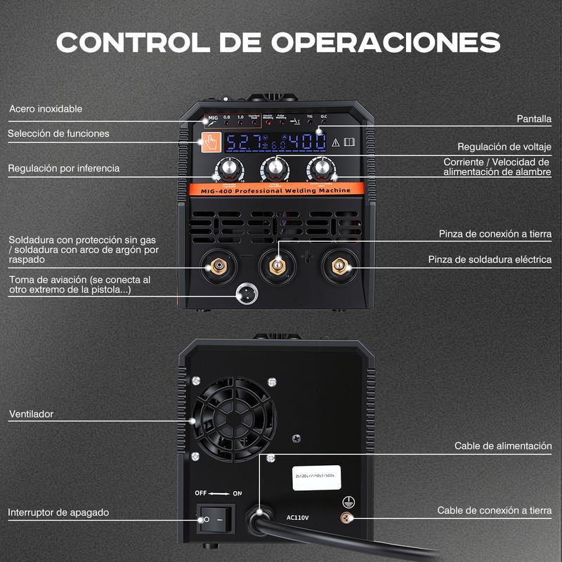 BIUBLE 7 en 1 Soldadora Inverter 400A Máquina Soldar Mig+MMA+TIG 110V, con LCD Pantalla Digital, Soldadora Inversor sin Gas, Soldadora Mig Industrial De Aluminio