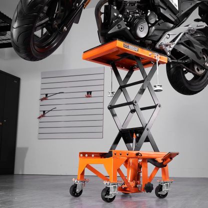 🏍️ Plataforma Elevadora Hidráulica para Motocicletas | Capacidad 158 kg | Elevación de 340–905 mm | Mesa Tipo Tijera con Ruedas | Ideal para Taller y Garaje 🔧