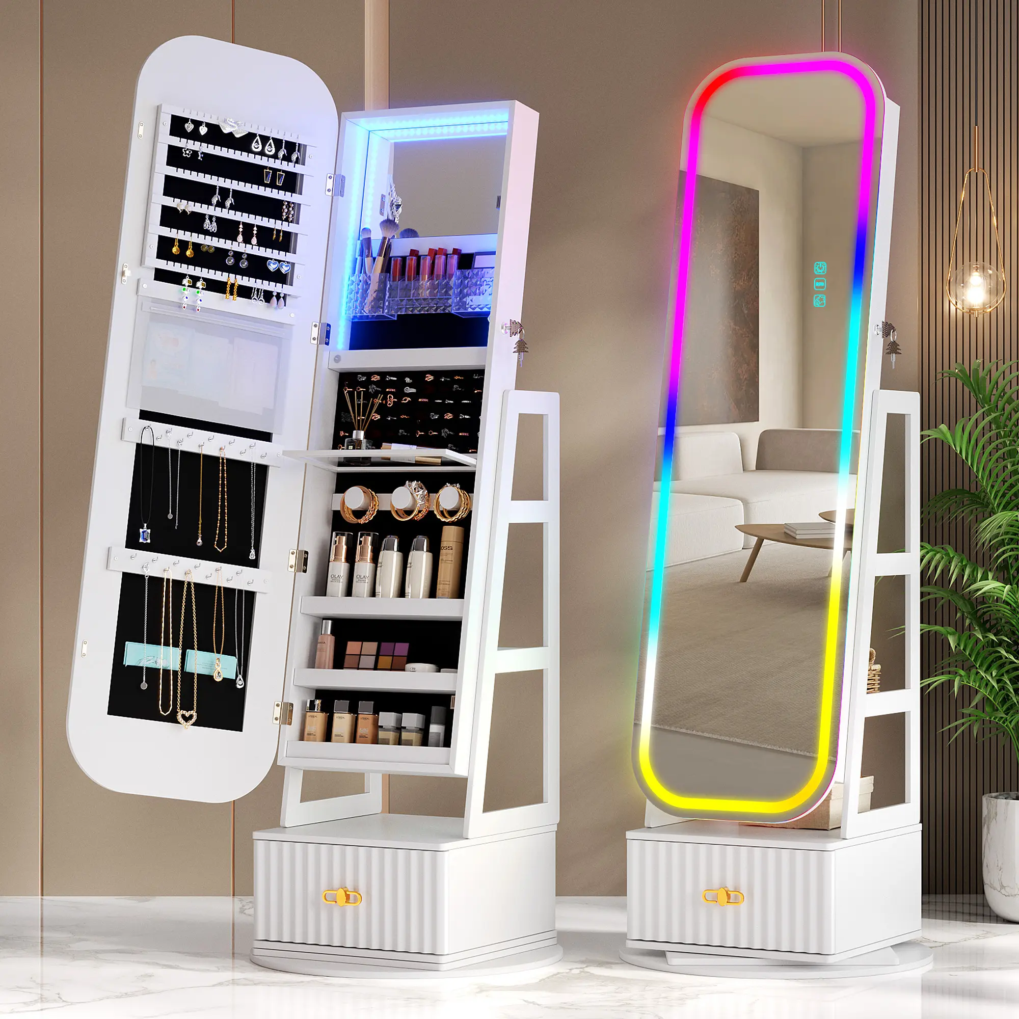 ✨ Espejo de Cuerpo Entero con Armario Joyero Giratorio 360° | Luz LED de 3 Colores | Organizador con Cerradura | Almacenamiento Multifuncional para Dormitorio 💎