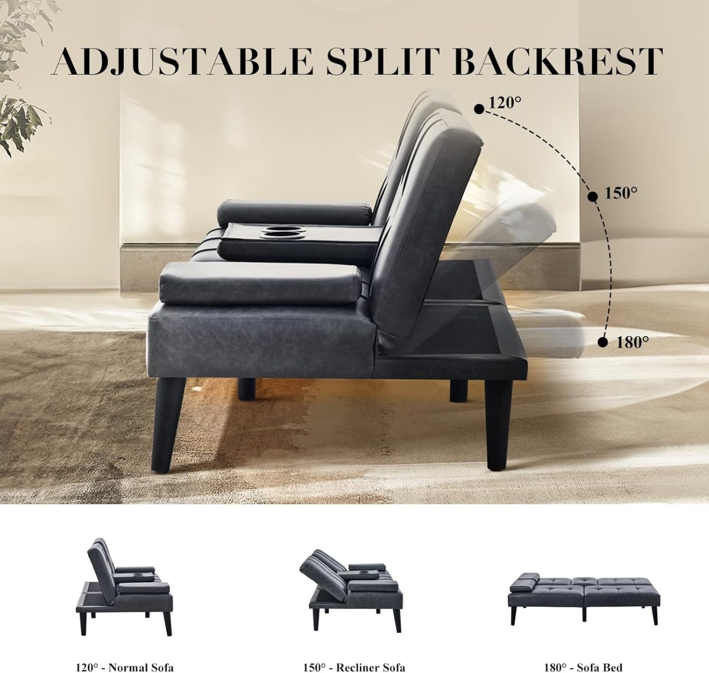 COLAMY - Sofá Cama de futón pequeño, de Piel, futón, sofá de salón, futón Convertible con Soporte para Tazas, reposabrazos extraíble, Respaldo Ajustable, Gris Oscuro
