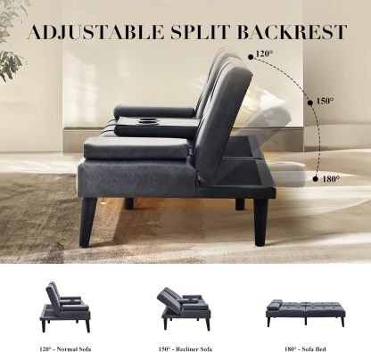 COLAMY - Sofá Cama de futón pequeño, de Piel, futón, sofá de salón, futón Convertible con Soporte para Tazas, reposabrazos extraíble, Respaldo Ajustable, Gris Oscuro