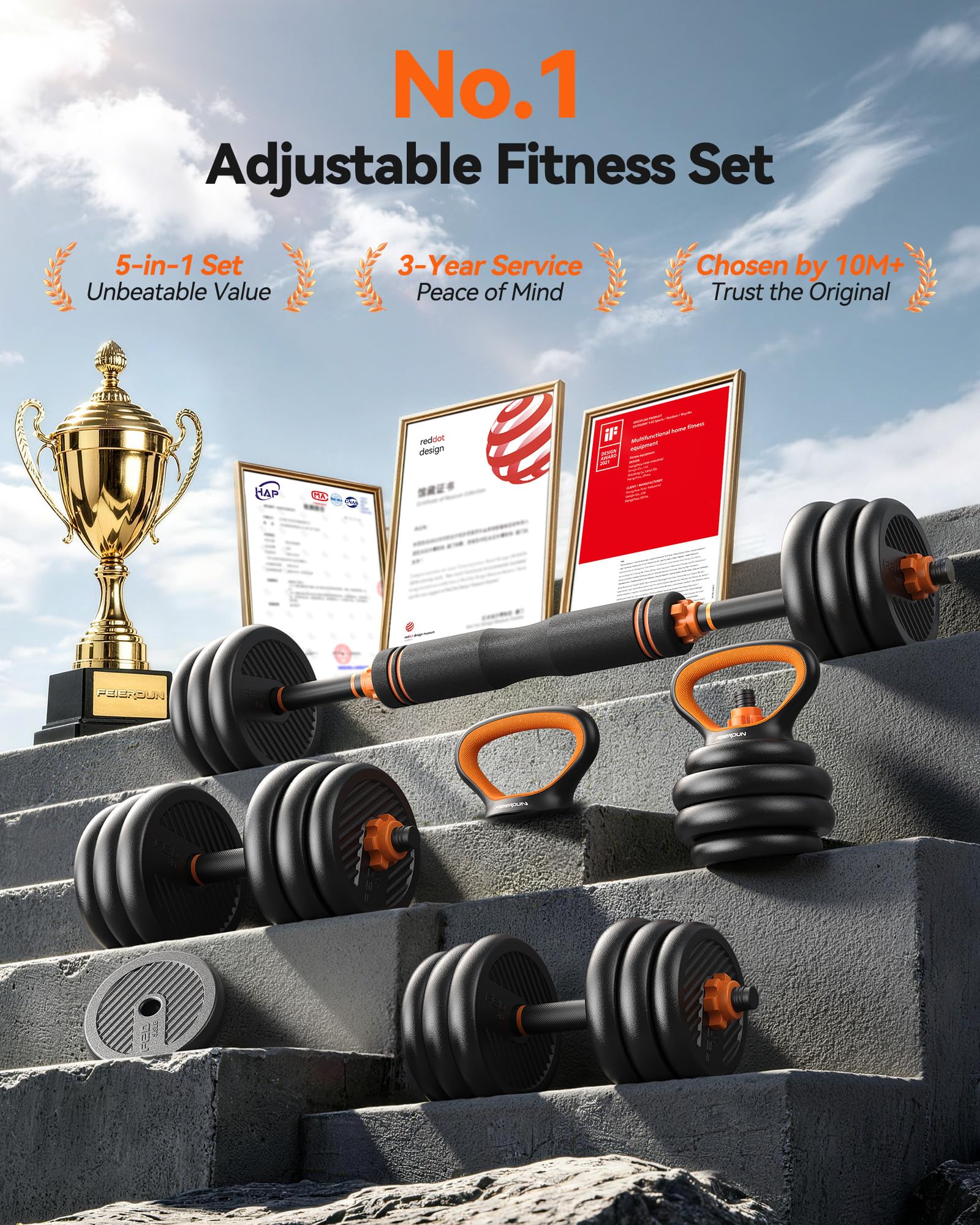 💪FEIERDUN Mancuernas Ajustables, Set de Pesas Libres 10/15/20/30/40 kg con Conector, Set 5 en 1, 🏋️Barra/Kettlebell/Soporte para Flexiones/Disco de Peso, Usable para Ejercicios de Fitness en Gimnasio en Casa, Adecuado para Hombres/Mujeres
