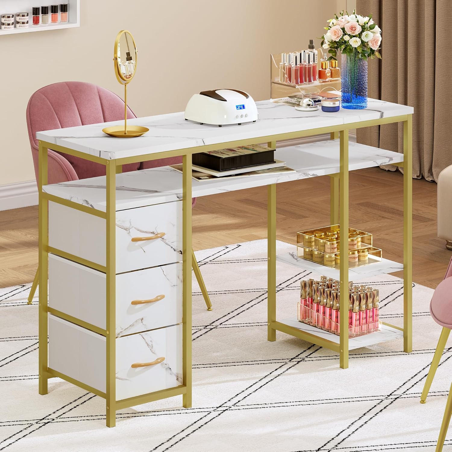 DWVO - Mesa de manicura para uñas, computadora de manicura con Textura marmolada con 3 cajones, estación de Mesa de uñas Resistente a la acetona para salón de Belleza, SPA (Blanco)