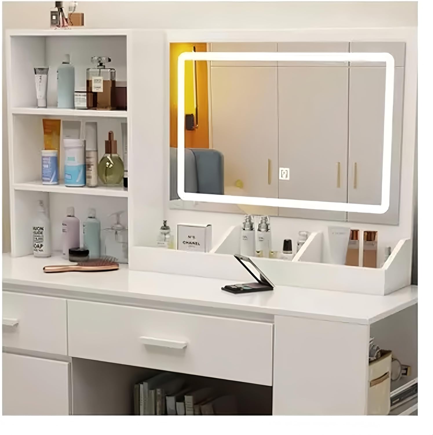 Tocador Vanity de Maquillaje con Espejo,Vanity Tocador con 2 Cajones,Estantes de Almacenamiento,Taburete Acolchado,Tocador con 3 Estantes, Mesa de Maquillaje para Dormitorio 40X100X132CM(Madera)
